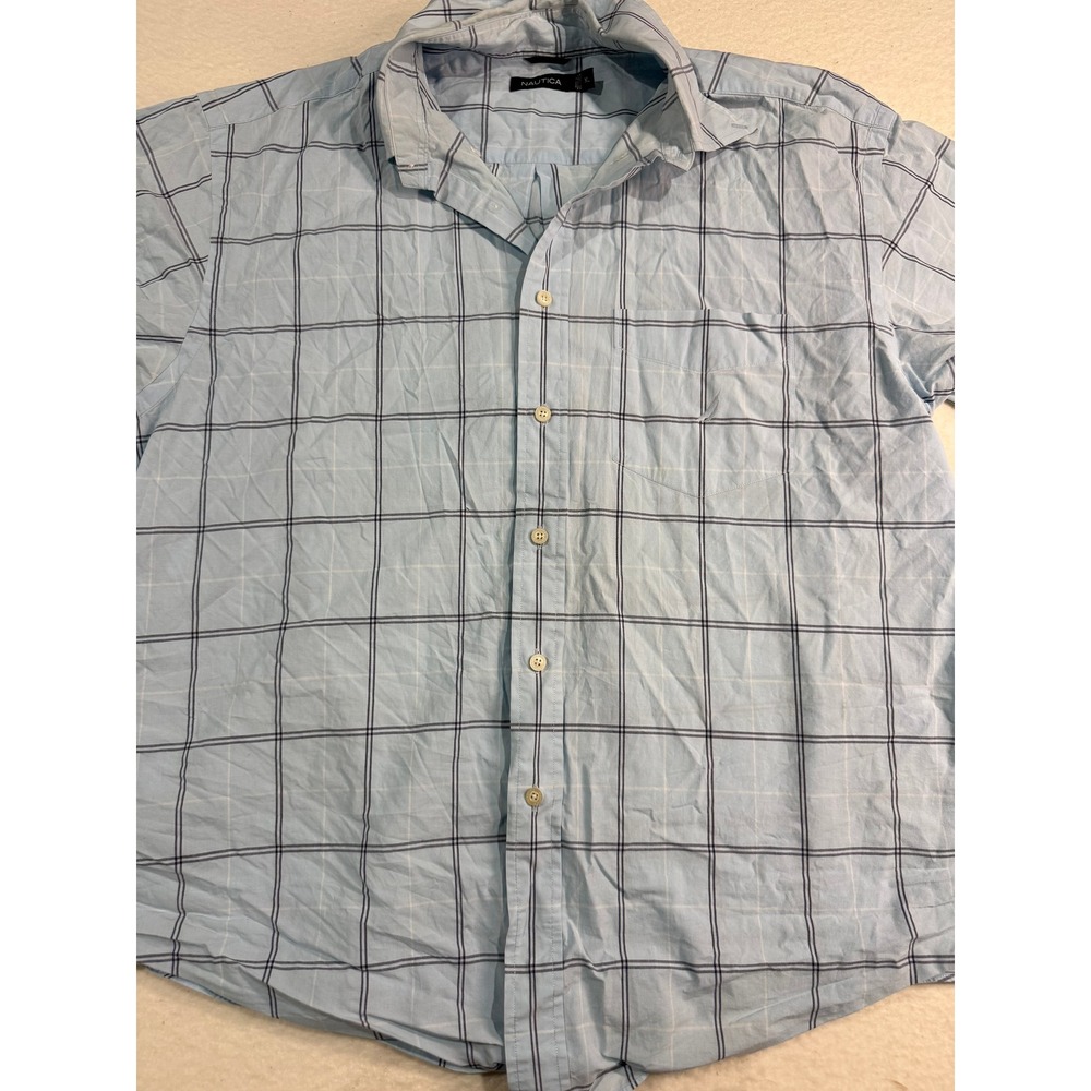 Nautica Mens XL Light Blue Plaid Short Sleeve Button Down 100% Cotton Shirt